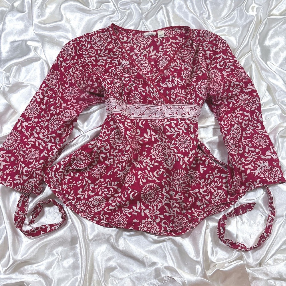 y2k Blouse Red Excellent Sequin Floral Block Print Wrap Top Boho V-Neck L
